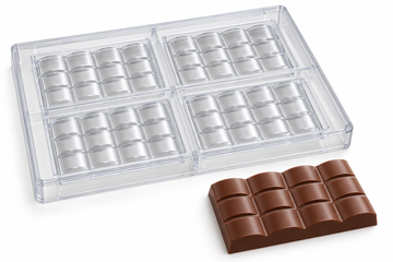 100g curved polycarbonate chocolate bar mold with four twelve-piece cavities in a two-by-two layout and a matching chocolate bar with curved segment tops.