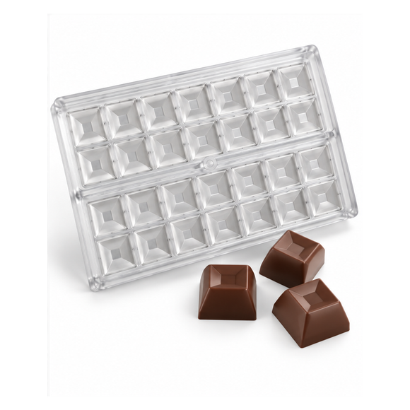 11g pyramid polycarbonate chocolate mold with 24 cavities and finished pyramid chocolates