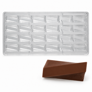 12g ribbed twist polycarbonate chocolate bar mold with 24 cavities in four rows of six and a matching chocolate bar with a smooth diagonal face and fine ribs.