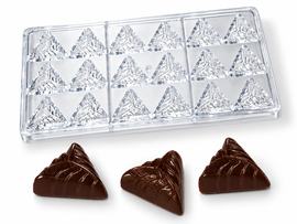 12g textured pyramid polycarbonate chocolate mold with 15 cavities and finished pyramid chocolates