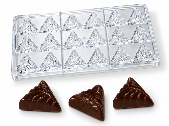12g textured pyramid polycarbonate chocolate mold with 15 cavities and finished pyramid chocolates