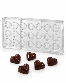 13g heart polycarbonate chocolate mold with 21 cavities and finished heart chocolates
