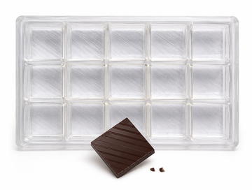 28g square polycarbonate chocolate mold with 15 cavities and finished ridged chocolate square