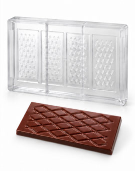 37g diamond lattice polycarbonate chocolate bar mold with 4 bar cavities and finished chocolate bar