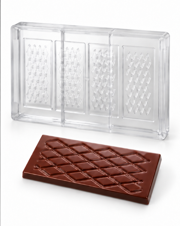 37g diamond lattice polycarbonate chocolate bar mold with 4 bar cavities and finished chocolate bar