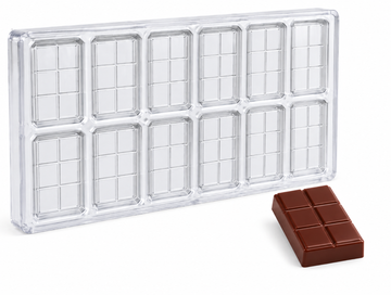 48g 6-piece polycarbonate chocolate bar mold with 12 cavities and finished 2 by 3 segmented chocolate bar