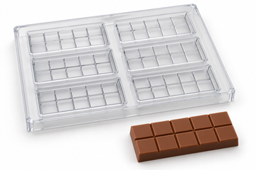 69.5g 10-piece polycarbonate chocolate bar mold with six cavities in three rows of two and a matching chocolate bar with ten pieces and plain flat tops.