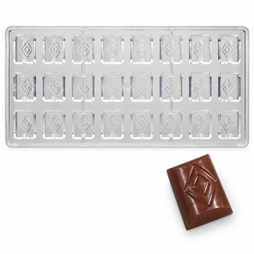 6g polycarbonate chocolate bar mold with 24 diamond-pattern cavities in three rows of eight and a matching chocolate bar with a broad smooth border.