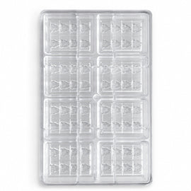 Clear custom polycarbonate chocolate mold with 64 tree-shaped cavities